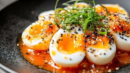A close-up of a delicious plate of Korean rice cake, neatly garnished with soft boiled eggs, vibrant colors of sauce and toppings clearly visible with perfect lighting and focus
