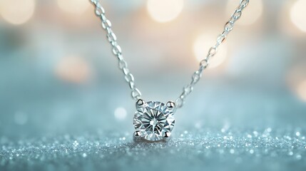 A close-up of a delicate diamond pendant with a soft-focus background