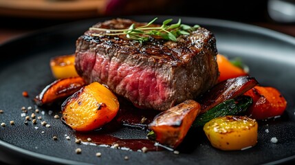 A close-up of a perfectly cooked steak with caramelized vegetables on a black plate