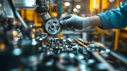 A close-up of a worker’s hands assembling industrial parts on a factory floor