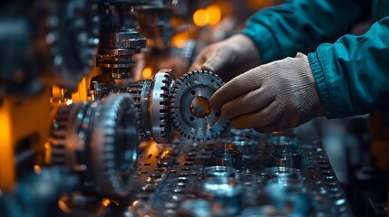 A close-up of a worker’s hands assembling industrial parts on a factory floor