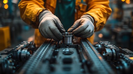 A close-up of a worker’s hands assembling industrial parts on a factory floor