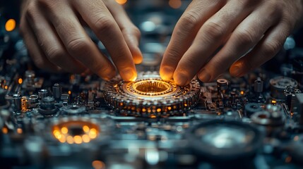 A close-up of a worker’s hands assembling industrial parts on a factory floor