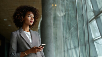Confident Black female executive standing in modern office using a smartphone