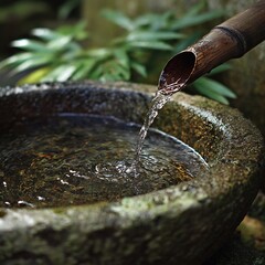 Serene bamboo fountain: capturing tranquil water flow in a traditional japanese garden element