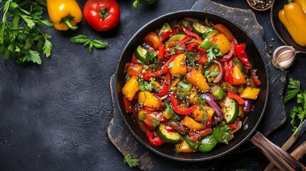 Colorful veggie stir-fry sizzling in a pan, fresh ingredients ready to serve