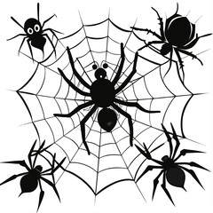Obraz premium Five silhouetted spiders of various sizes on a black spiderweb