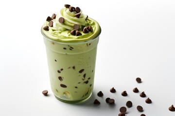 green tea frappuccino with chocolate chips on top, white background, food photography, delicious looking cup of matcha drink with milk and green 