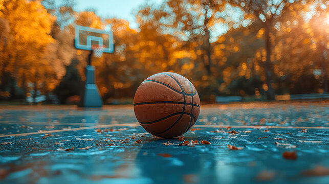 basketball is perfectly aligned hoop as it spins mid air, demonstrating incredible skill and precision during pivotal moment on court in autumn