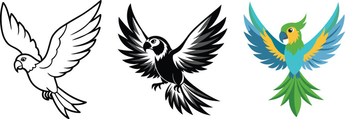 Obraz premium Three Style Parrot vector Illustrations – Line, Silhouette, Color