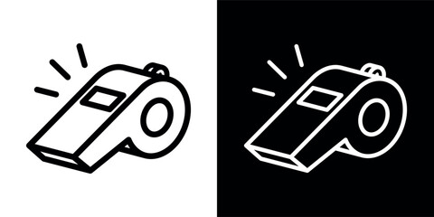 Referee whistle icon. Symbol of sport, match or championship. Referee whistle, attribute of sports referee or violation of game rules. For playing football or hockey, volleyball or basketball. Vector 