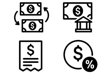 Financial icons: currency exchange, banking, receipt, currency discount