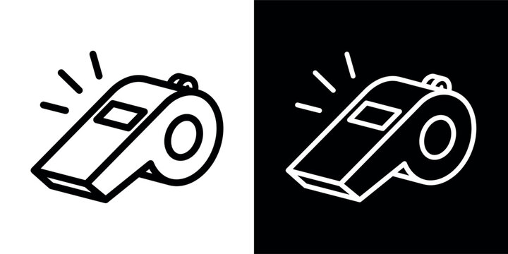 Referee whistle icon. Symbol of sport, match or championship. Referee whistle, attribute of sports referee or violation of game rules. For playing football or hockey, volleyball or basketball. Vector 