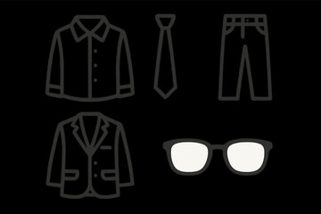 Minimalist clothing icons: shirt, tie, pants, suit, glasses outline design