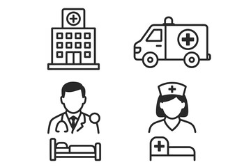 Medical icons: hospital, ambulance, doctor, nurse, patient care symbols