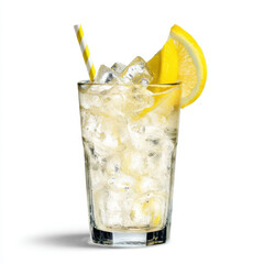 Refreshing lemon piece drink with ice makes you feel cool and revitalized, perfect for hot day, and straw offers delightful taste