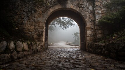 Fototapeta premium Stone Archway Entrance to Foggy Road in Misty Landscape