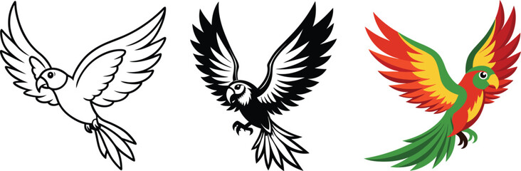 Three Style Parrot vector Illustrations &ndash; Line, Silhouette, Color