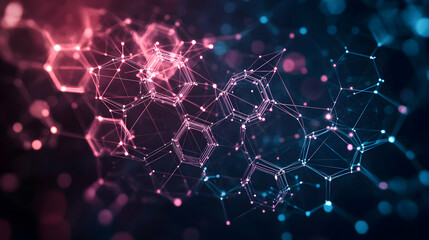 Abstract image of interconnected hexagonal shapes in pink and blue hues on a dark background.