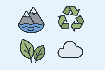 Eco symbols: mountains, recycle, leaves, cloud on light background