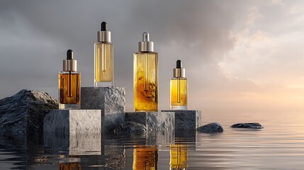 Cosmetic Serum Bottles on Stones by Water