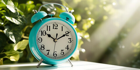 Turquoise Alarm Clock at 7:00 on Sunlit Table with Green Leaves

