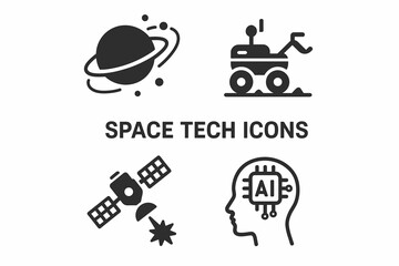 Space tech icons: planet, rover, satellite, ai head in black silhouette