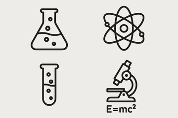 Minimalist science icons: beaker, atom, test tube, microscope, e=mc²