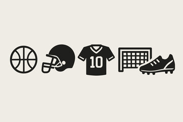 Sports equipment icons: basketball, football, jersey, soccer goal, cleat