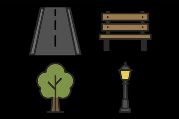 Flat design of park elements: road, bench, tree, lamp