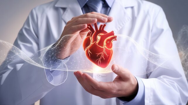 Doctor's hands gently holding a human heart model with digital enhancement