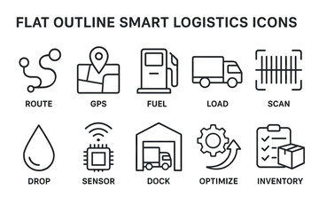 Flat outline smart logistics icons: efficient symbols for route, gps, fuel, load, scan, and inventory management