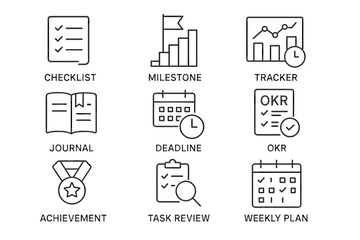 Organizational icons: checklist, milestone, tracker, journal, deadline, okr, achievement, task review, weekly plan