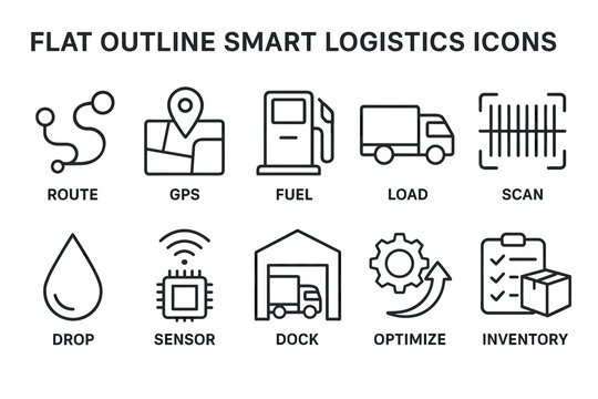 Flat outline smart logistics icons: efficient symbols for route, gps, fuel, load, scan, and inventory management