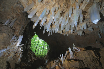 Majestic crystal formations hang from a cave ceiling illuminated by green foliage in daylight. Generative AI
