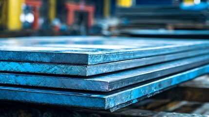 Stack of Metal Plates in Blue Hues at a Manufacturing Site