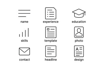 Minimalist resume icon set: name, experience, education, skills, and more