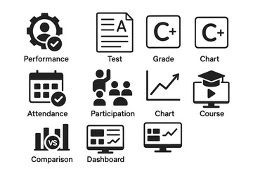 Educational performance icons including test, grade, attendance, and course dashboard symbols