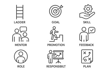 Fototapeta premium Professional development icons: ladder, goal, skill, mentor, promotion, feedback, role, responsibility, plan