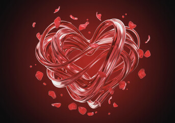 Colorful heart made of flowing ribbons and petals with a dark background creating a romantic atmosphere. Generative AI