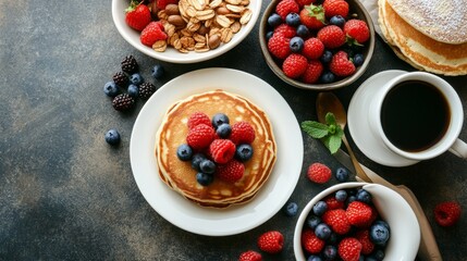 Overhead shot of a gourmet breakfast spread with pancakes, berries, and coffee