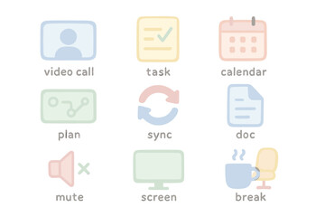 Colorful office icons: video call, task, calendar, plan, sync, doc, mute, screen, break
