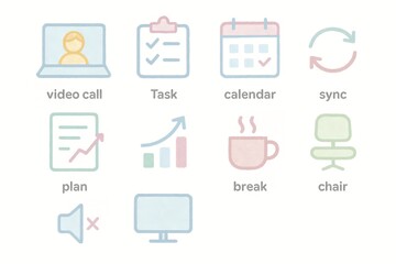 Colorful office icon set: video call, task, calendar, sync, plan, break, chair