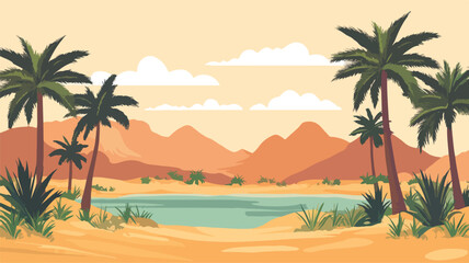 Serene Lush Oasis in Desert with Palm Trees and Springs