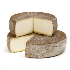 Traditional cheeses of France - Tomme de Savoie. Semi-hard cheese, has a grassy nutty taste with a slight hint of spiciness on a white background