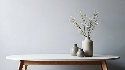 Minimalist interior scene with a white oval table and neutral vases with delicate white flowers
