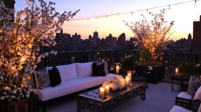 Rooftop terrace at sunset with plush white partal, black-white cushions, candle-lit ledge, ornate table of white blossoms, string lights, and twilight sky hues.
