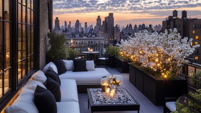 Rooftop terrace at sunset with plush white partal, black-white cushions, candle-lit ledge, ornate table of white blossoms, string lights, and twilight sky hues.