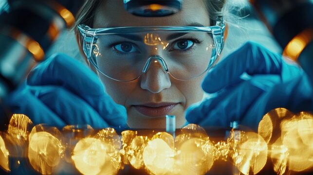 Lab technician wearing blue gloves examines blood test tube carefully bright LED microscope in sterile laboratory Focus on precision and analysis