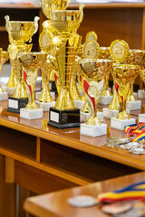 Close-up of elegant golden cups on white marble bases surrounded by colorful medals.